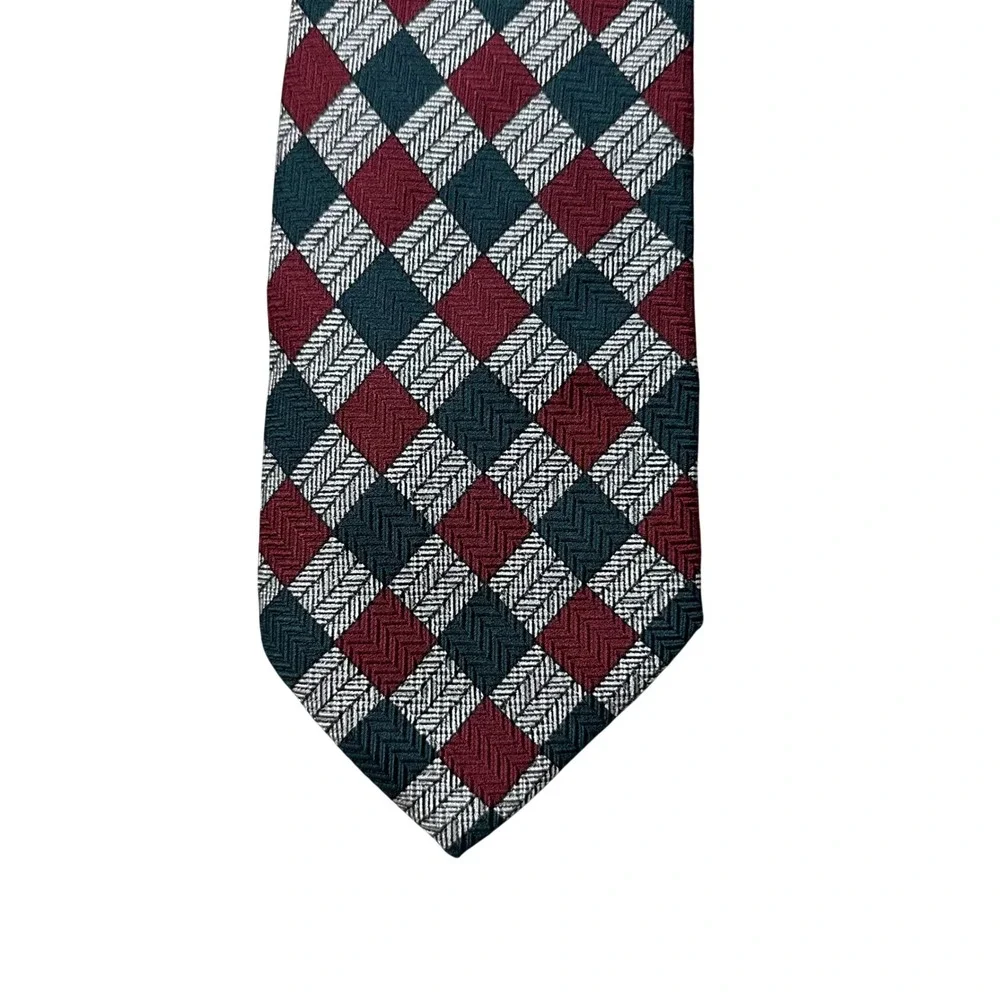 Echo Mens Silk Tie Burgundy Green Silver Harlequin Diamond Herringbone Vintage